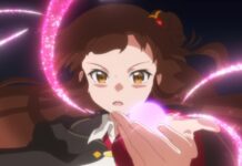 Screenshot from the reviewed anime episode showing the main character Meg reciting a spell upon a darkened background. Her left hand is stretched in front of her towards the camera with the palm opened facing up and swirls of pink energy gathered on top of the palm.