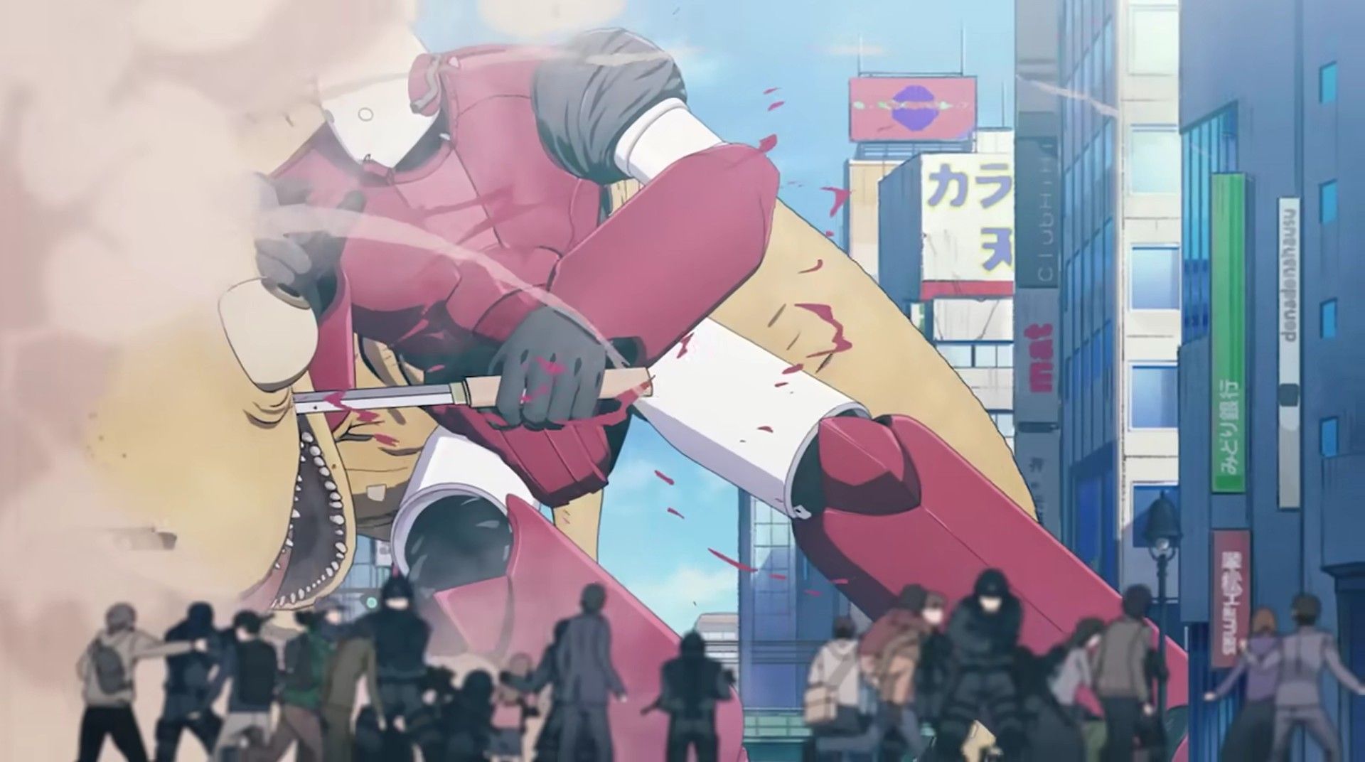 Screenshot from Snowball Earth anime episode 1 showing an upgraded Snowman robot slamming a kaiju to a building while stabbing it with a blade. People are being evacuated in the foreground.
