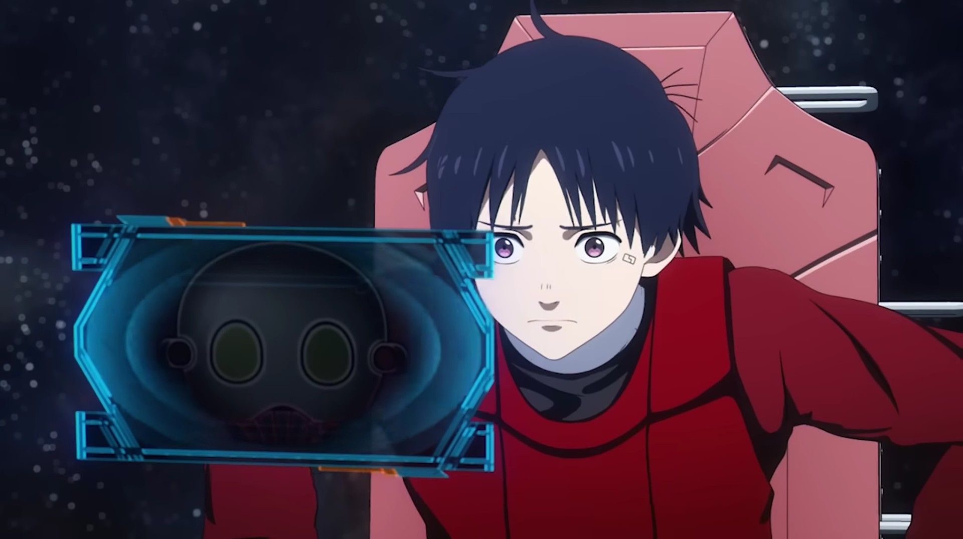 Screenshot from Snowball Earth anime episode 1 showing Tetsuo talking about his predicament with the AI Yukio inside Snowman's cockpit.