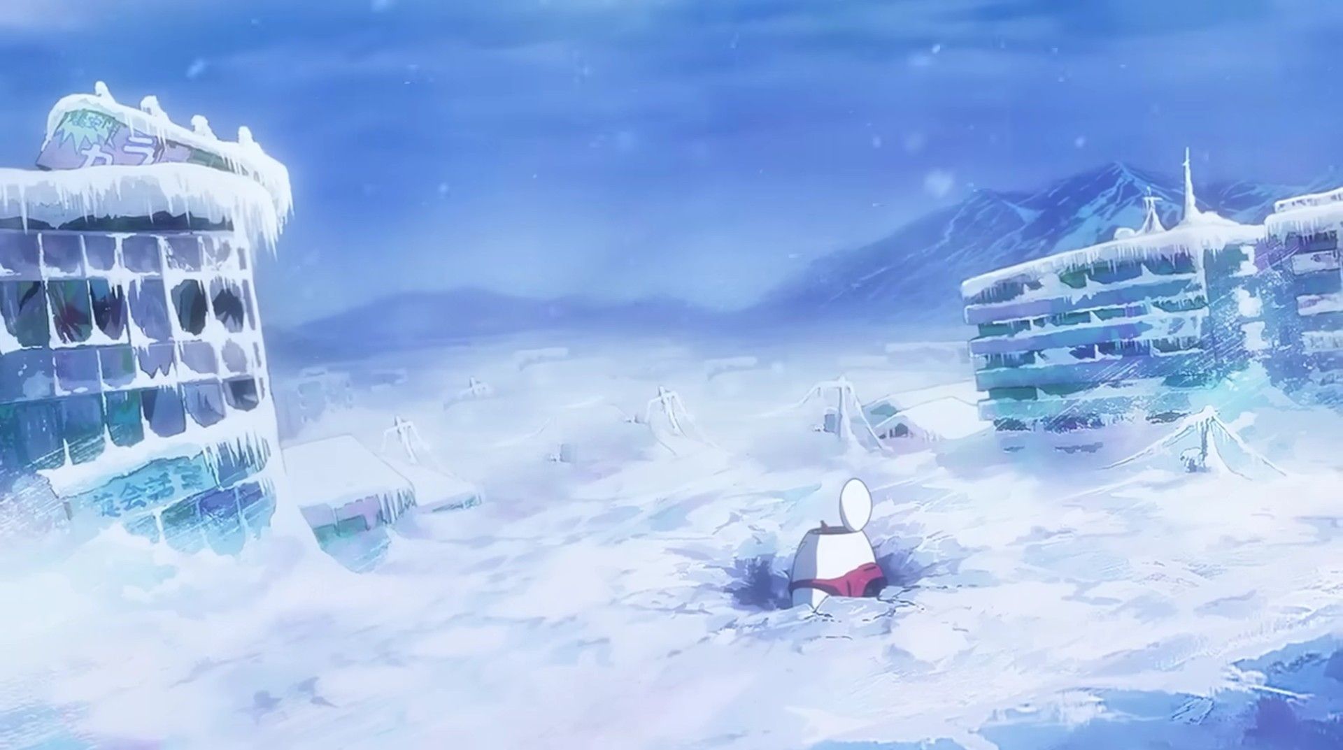 Screenshot from Snowball Earth anime episode 1 showing Tetsuo emerging from his escape pod into a now desolate frozen Earth.