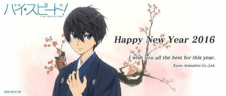 Ucapan Selamat Tahun Baru yang dimuat pada laman depan situs berbahasa Inggris KyoAni. (Kyoto Animation)
