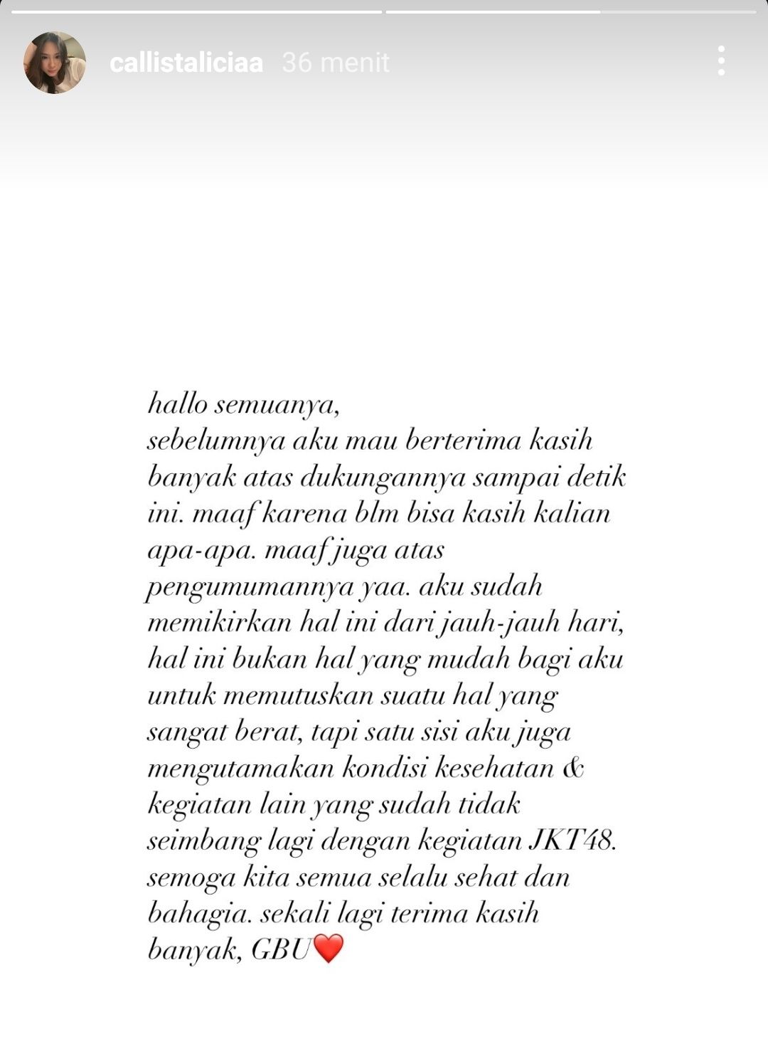 Pesan singkat Callie dan alasan Ia mundur dari JKT48